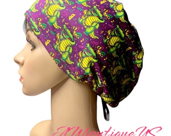 Mardi Gras Alligator Scrub Cap: Festive Purple Euro Style, Adjustable