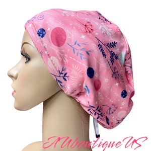 Soft Galaxy/Moon Pink scrub cap/Stretchy surgical hat/Satin linen/Buttons/Tie option/Euro/Unisex style Nurse surgery hat/Adjustable scrub