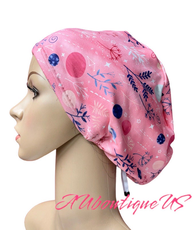 Soft Galaxy/Moon Pink scrub cap/Stretchy surgical hat/Satin linen/Buttons/Tie option/Euro/Unisex style Nurse surgery hat/Adjustable scrub