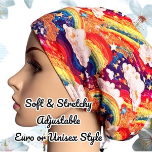 Rainbow Clouds Stars Surgical Scrub Cap: Adjustable Euro/Unisex Hat