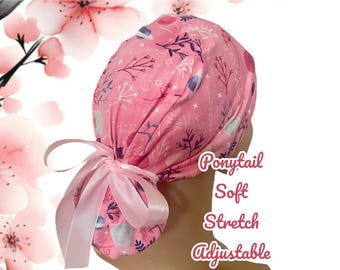 Pink Galaxy Ponytail Scrub Cap: Soft Stretchy Adjustable Nurse Hat