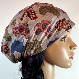 Soft African print gray scrub cap/Euro style Adjustable surgical nurse hat/Satin linen option