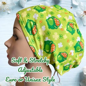 May include: Green and yellow patterned surgical cap with a clover and pot of gold design. Soft and stretchy, adjustable, Euro or unisex style.