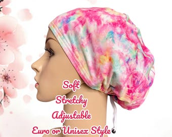Tie Dye Scrub Cap: Spring Yellow Pink Blue, Adjustable Nurse Hat