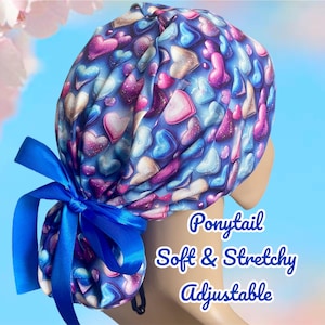 Blue Purple Hearts Ponytail scrub cap/Soft & Stretchy surgical cap/Satin option/Adjustable Nurse scrub hat