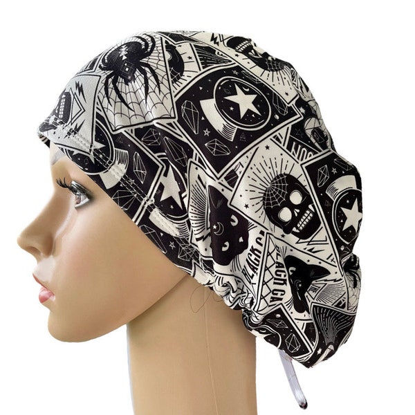 Black /White Tarot cards soft stretchy scrub cap/Halloween Euro style scrub hat/Satin/Buttons/Tie option