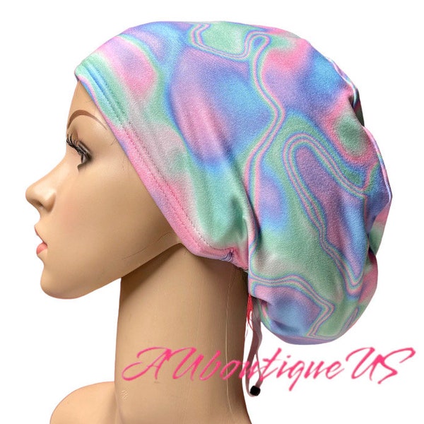 Neon Green/Blue/Purple/Pink Swirls Summer scrub cap/Soft Stretchy Euro or Unisex Style scrub hat/Satin lined option/Adjustable Nurse hat