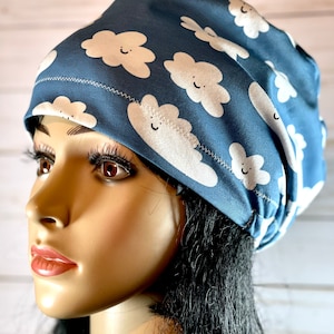Soft Scrub Cap for women/Clouds blue Adjustable stretchy cotton hat/Satin linen/Buttons option