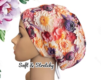 Floral Scrub Cap: Purple Cream Flowers, Soft Stretchy Surgical Hat