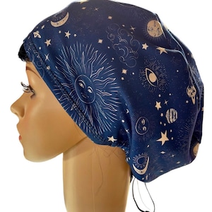 Soft Galaxy/Moon blue scrub cap/Stretchy surgical hat/Satin linen/Buttons/Tie option/Euro style Nurse surgery hat/Adjustable scrub