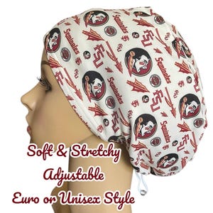 May include: White scrub hat with an adjustable tie. The hat has a repeating pattern of red and gold Seminole logos and the letters FSU.
