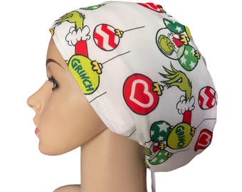 Christmas Grinch Ornaments Scrub Cap: Soft, Stretchy Holiday White Green Red Nurse Hat