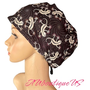 Salamander Black Soft Euro style Stretchy Scrub Cap/Animals Surgical hat/Satin/Buttons/Tie option/Adjustable Nurse scrub cap