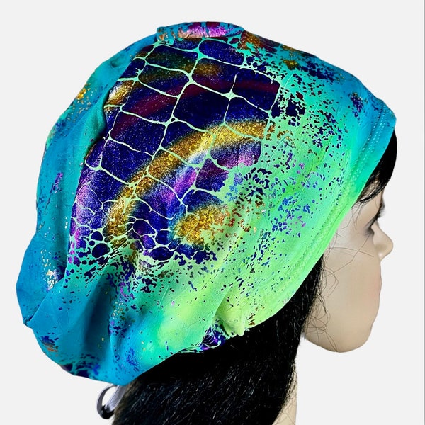 Tie dye Hologram foil design Scrub Cap/Shiny multicolor soft Stretchy surgical hat/Satin linen option/Adjustable surgical scrub cap