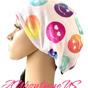 Soft Smiley faces white Euro scrub cap/Adjustable stretchy surgical hat/Satin linen/Buttons/Tie option