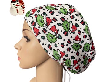 Christmas Grinch Santa Cheetah Scrub Cap: Soft, Stretchy Holiday Nurse Hat