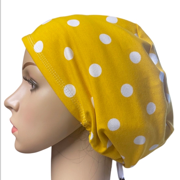 Polka dots Yellow Scrub Cap /Soft stretchy surgical hat/Euro style Adjustable surgery hat/Satin linen/Buttons/Tie option/Nurse cap