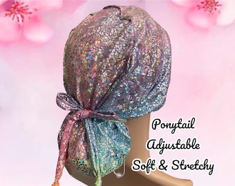Tie Dye Metallic Ponytail Scrub Cap: Adjustable Nurse Hat