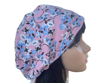 Floral Scrub Cap: Pastel Blue White Flowers on Pink, Adjustable Stretchy Hat