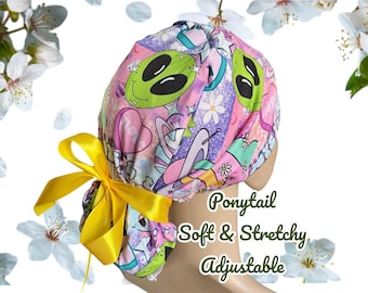 Alien Ponytail Scrub Cap: Funny Nurse Hat, Soft & Stretchy