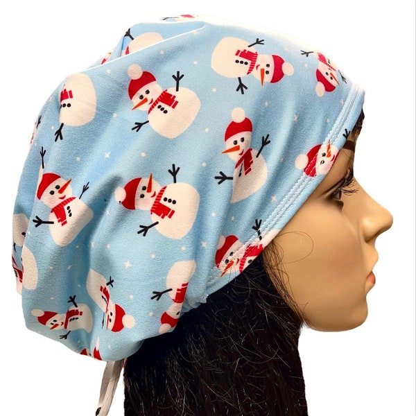 Christmas Snowman Soft stretchy Scrub Cap/Holiday baby blue scrub hat/Adjustable Euro style surgical hat/Satin linen option
