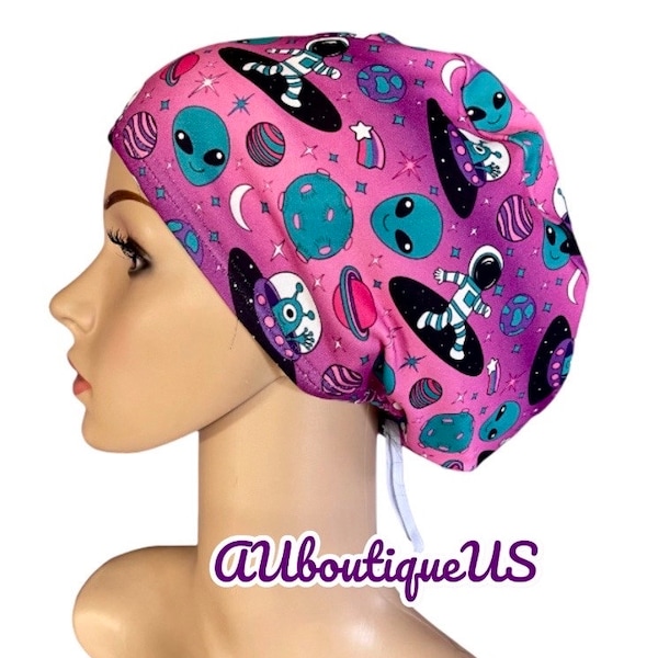 Teal Alien Purple Bright scrub cap/ Soft Stretchy Euro or Unisex scrub hat/Satin linen/Buttons/Tie option/Adjustable surgical cap