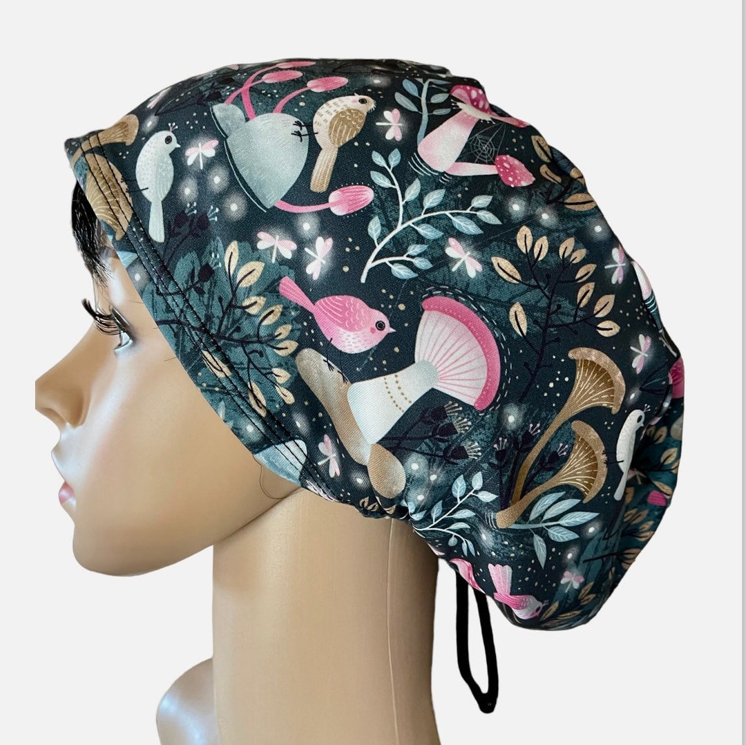 Soft Mushrooms/birds/forest Green Scrub Cap/stretchy Colorful Surgical