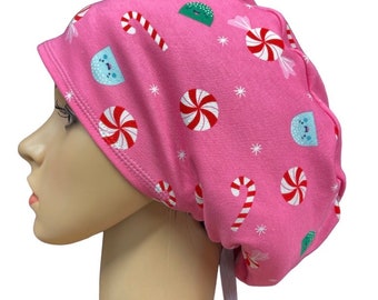 Christmas Candy Pink Soft stretchy Euro scrub cap/Satin/Buttons/Tie option/Adjustable Nurse surgical cap