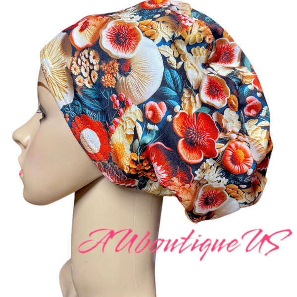 Vibrant Floral Scrub cap/3D design Colorful Summer Soft Stretchy Euro or Unisex scrub hat/Satin lined option/Adjustable Nurse cap