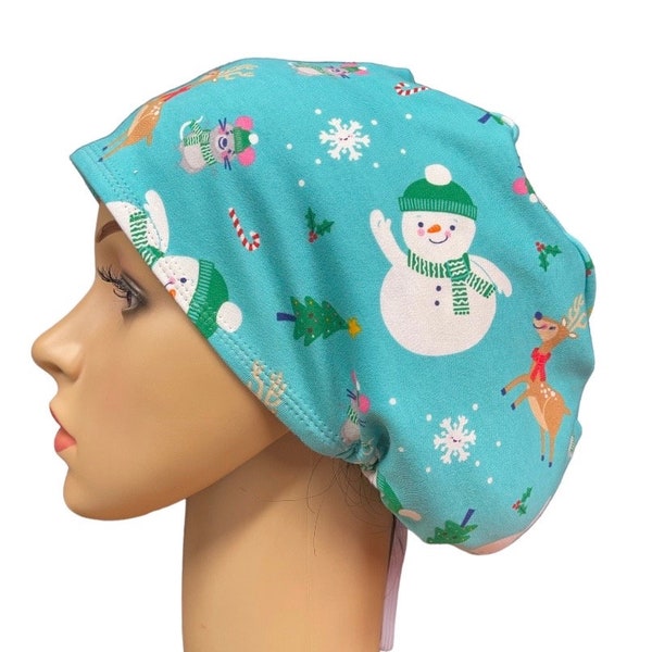 Christmas Mint/Snowman/Deer/Mouse Soft stretchy Euro style scrub cap/Satin/Buttons/Tie option/Adjustable Nurse surgical cap