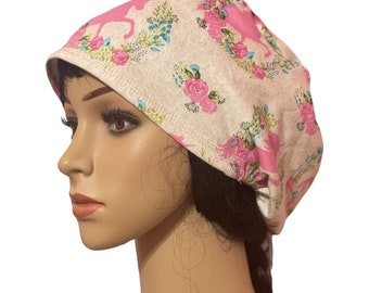 Soft Scrub Cap/Pink Unicorn scrub cap/Floral beige Adjustable with toggle stretchy cotton hat