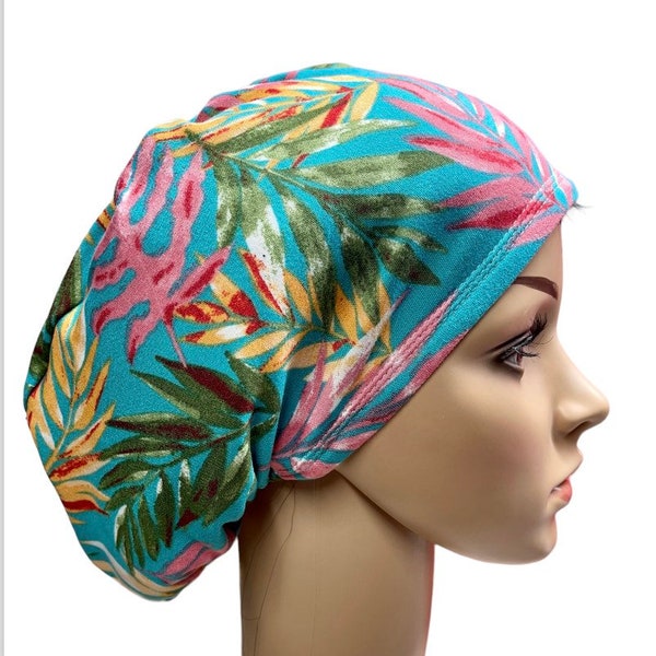 Soft tropical leaves teal scrub hat/Colorful bright stretchy Euro style scrub cap/Satin linen/Buttons/Tie option/Nurse hat