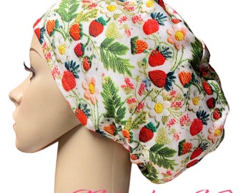 Strawberry Field Embroidered Scrub Cap: Stretchy Nurse Hat, Satin Lined Option