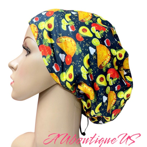 Taco/Avocado/Chefs Soft Stretchy scrub cap/Euro/Unisex surgical cap for women and men/Satin/Buttons/Tie option/Adjustable