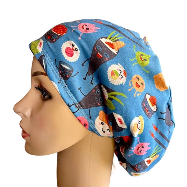 Soft Colorful Sushi Scrub cap/Blue Stretchy surgical hat/Satin linen/Buttons/Tie option/Euro style Adjustable scrub cap