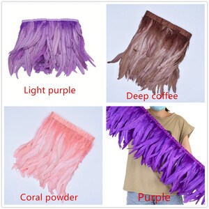 May include: Four different colours of feather trim, including light purple, deep coffee, coral powder, and purple. The trim is made of feathers and is perfect for adding a touch of elegance to any project.