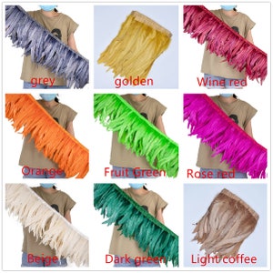 May include: Nine different colours of feather trim, including grey, golden, wine red, orange, fruit green, rose red, beige, dark green, and light coffee.
