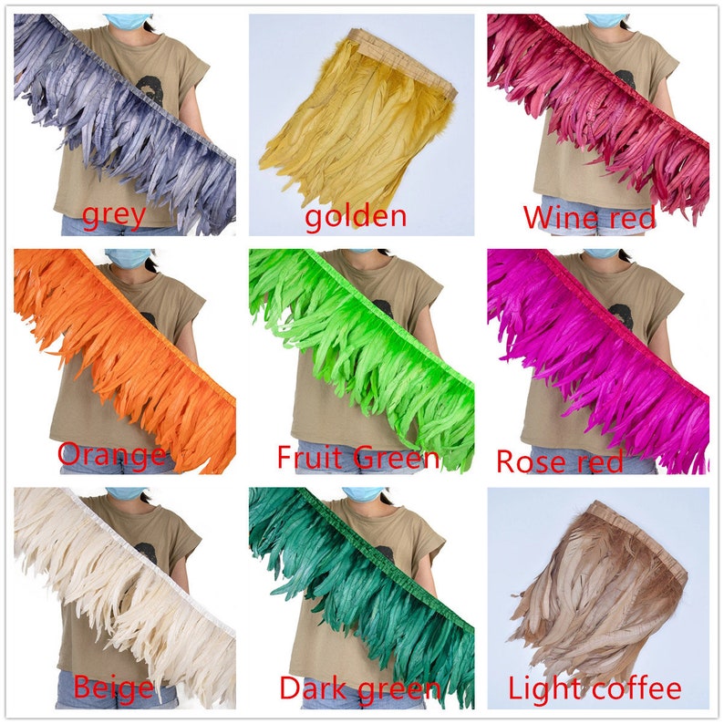 May include: Nine different colours of feather trim, including grey, golden, wine red, orange, fruit green, rose red, beige, dark green, and light coffee.