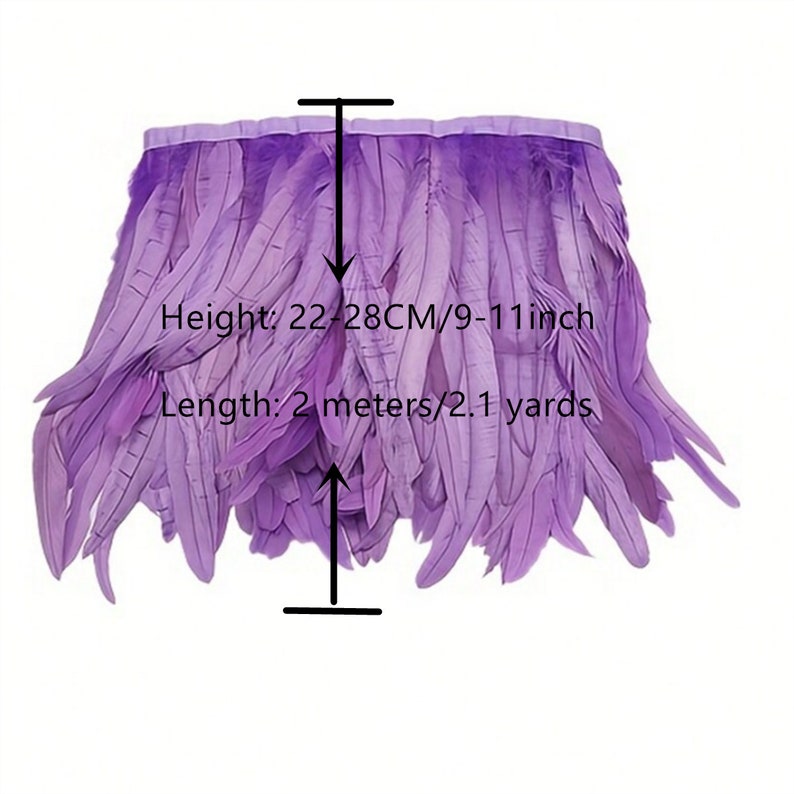 May include: Purple feather trim with a height of 9-11 inches and a length of 2.1 yards. The trim is made of soft feathers and is perfect for adding a touch of elegance to any project.