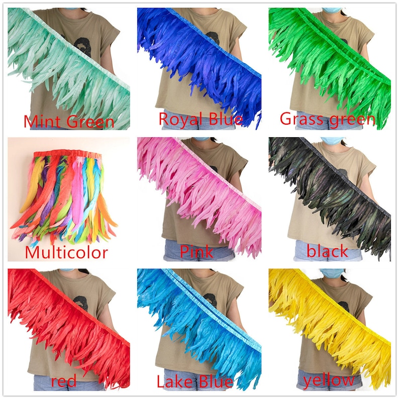 May include: Assortment of feather trim in various colours, including mint green, royal blue, grass green, multicoloured, pink, black, red, lake blue, and yellow. Each trim is shown draped over a person's arm.