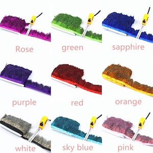 Puede incluir: Nueve carretes de ribete de plumas en varios colores, incluyendo rosa, verde, zafiro, morado, rojo, naranja, blanco, azul cielo y rosa. Cada carrete está envuelto con una cinta métrica amarilla.