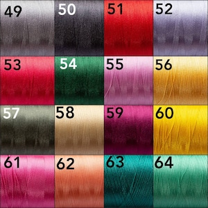 May include: A chart of 16 different colored thread spools, numbered 49 through 64.