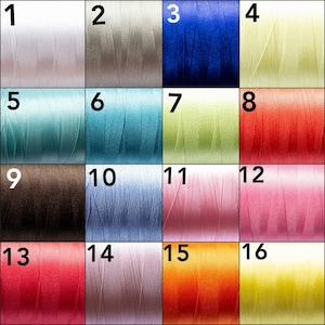 May include: A color chart of 16 different shades of thread spools. The spools are arranged in a 4x4 grid, with each spool numbered from 1 to 16.