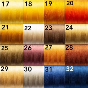 May include: A color chart of 16 different shades of thread, numbered 17 through 32. The colors range from yellow, orange, brown, and blue.