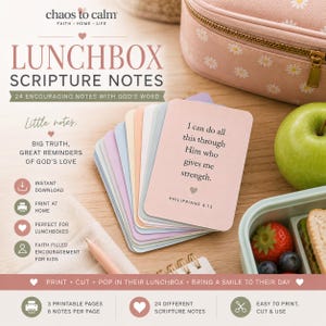 Peut inclure: Un ensemble de 24 cartes aux tons pastel intitul&eacute;es Lunchbox Scripture Notes, avec le texte I can do all this through Him who gives me strength Philippians 4:13. Les cartes sont dispos&eacute;es en &eacute;ventail &agrave; c&ocirc;t&eacute; d'une pomme verte et d'une bo&icirc;te &agrave; lunch.