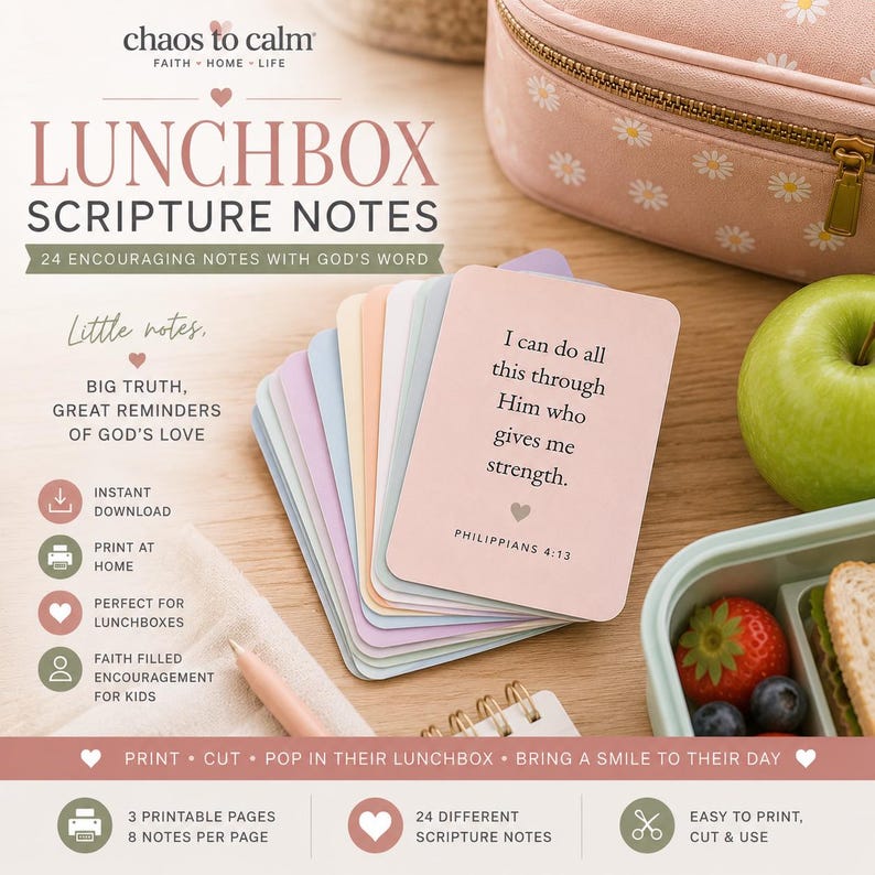 Peut inclure: Un ensemble de 24 cartes aux tons pastel intitul&eacute;es Lunchbox Scripture Notes, avec le texte I can do all this through Him who gives me strength Philippians 4:13. Les cartes sont dispos&eacute;es en &eacute;ventail &agrave; c&ocirc;t&eacute; d'une pomme verte et d'une bo&icirc;te &agrave; lunch.