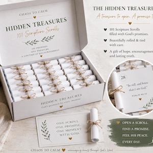 Può includere: Una scatola rettangolare bianca etichettata Hidden Treasures 101 Scripture Scrolls contenente numerosi rotoli di carta bianca legati con spago sottile. Una carta separata recita One Scroll, One Promise, One Moment With God, e un inserto circolare.