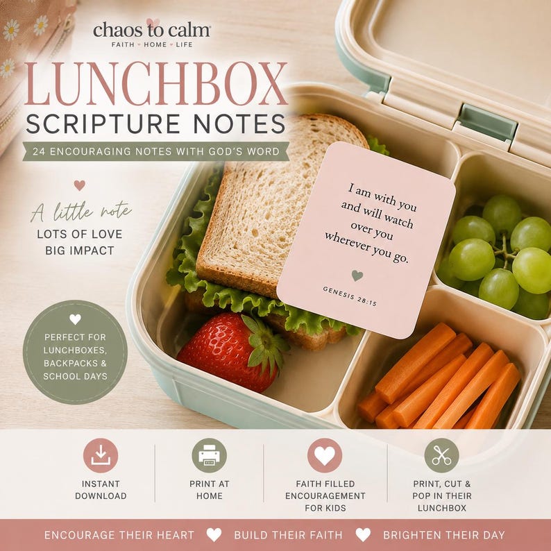 Peut inclure: Une bo&icirc;te &agrave; lunch en plastique bleu clair contenant un sandwich, une fraise et des raisins verts. Une carte rose p&acirc;le repose sur le sandwich avec le texte : I am with you and will watch over you wherever you go. GENESIS 28:15. Des b&acirc;tonnets de carotte orange sont dans un compartiment lat&eacute;ral.