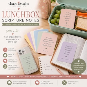 Può includere: Un set di 24 note bibliche stampabili per portapranzo, con cartoncini color pastello e versetti biblici, inclusi testi come The Lord your God will be with you wherever you go, Be strong and courageous e I can do all this through Him.