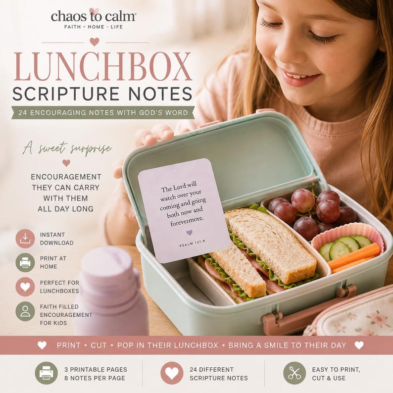 Peut inclure: Un ensemble de 24 notes bibliques imprimables pour bo&icirc;te &agrave; lunch avec le texte Chaos to Calm Faith Home Life. Les notes incluent des versets comme le Psaume 121:8. L'image montre une bo&icirc;te &agrave; lunch vert clair contenant un sandwich, des raisins et des l&eacute;gumes.